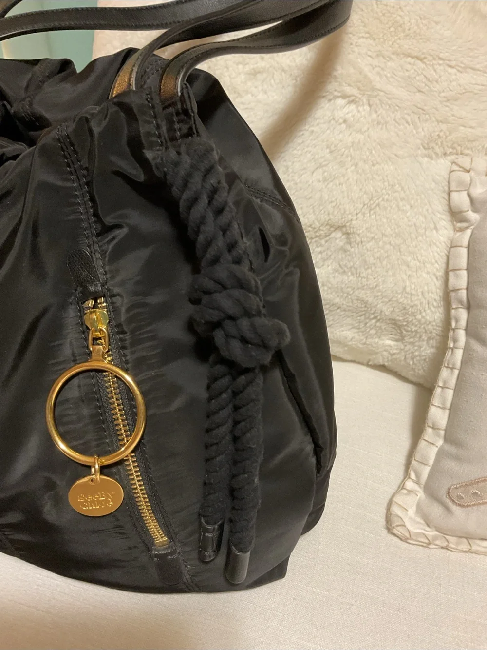 See By Chloe Flo- Black Nylon Shoulder Bag with Gold Ring Charm - Picture 4 of 13